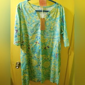 TENDENCY 100% COTTON SHIFT DRESS NEW WITH TAGS LARGE L BOHO PRINT SUMMER AQUA